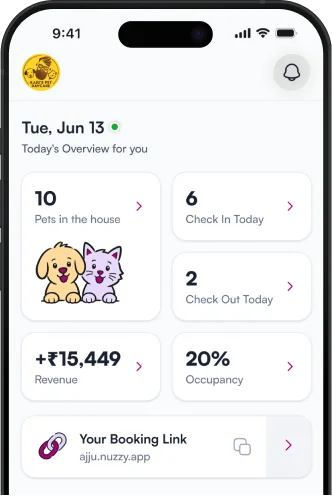 The Nuzzy Partner app's home screen: pets in the house, check-ins, revenue and occupancy